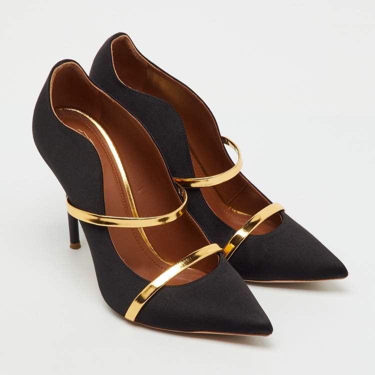 Pre Owned Malone Souliers Black/Gold Satin and Leather Maureen Flat Mules Size 39