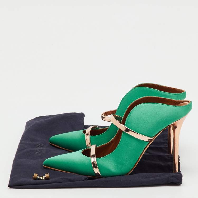 Pre Owned Malone Souliers Green/Rose Gold Satin and Leather Maureen Pointed Toe Mules Size 38.5