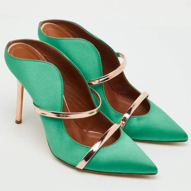 Pre Owned Malone Souliers Green/Rose Gold Satin and Leather Maureen Pointed Toe Mules Size 38.5