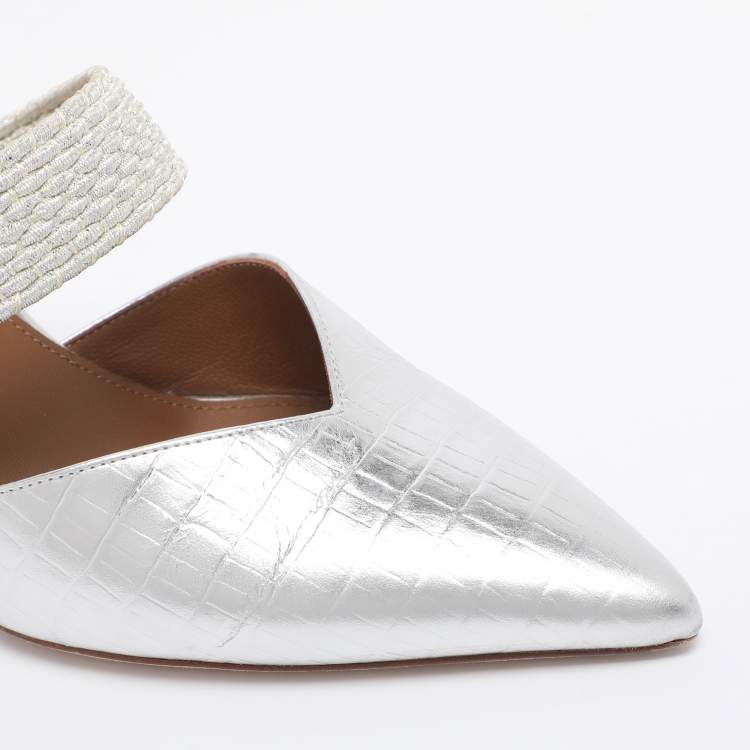 Pre Owned Malone Souliers Silver Lizard Embossed Leather Maisie Mules Size 39
