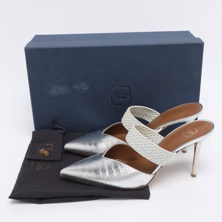 Pre Owned Malone Souliers Silver Lizard Embossed Leather Maisie Mules Size 39
