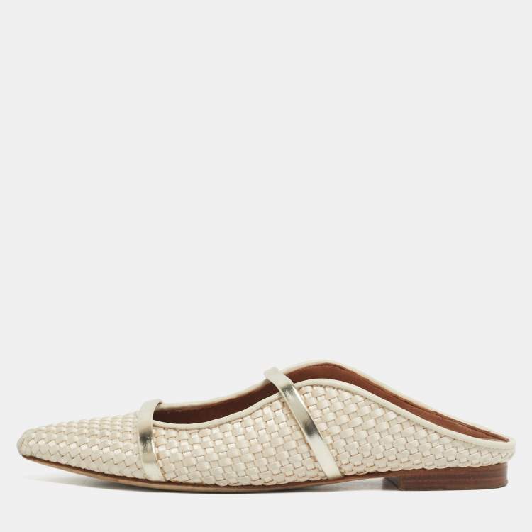 Pre Owned Malone Souliers Cream/Gold Woven Satin and Leather Maureen Flat Mules Size 37.5