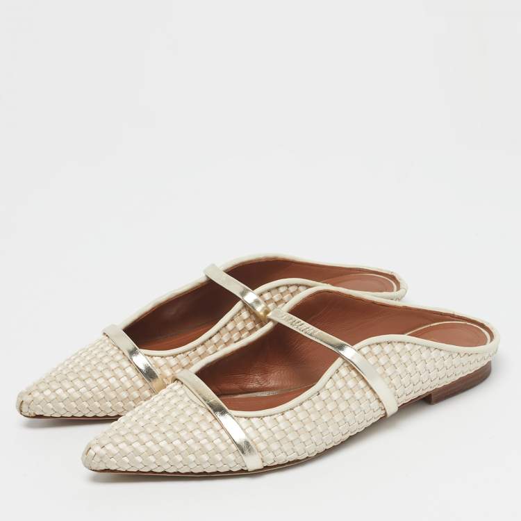 Pre Owned Malone Souliers Cream/Gold Woven Satin and Leather Maureen Flat Mules Size 37.5