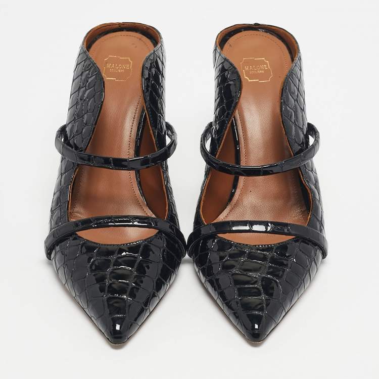 Pre Owned Malone Souliers Black Croc Embossed Patent Leather Maureen Mules Size 40