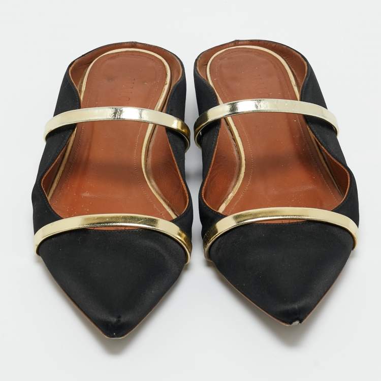 Pre Owned Malone Souliers Gold/Black Leather and Satin Maureen Mule Sandals Size 37