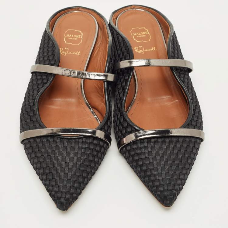 Pre Owned Malone Souliers Black/Silver Leather and Woven Fabric Maureen Mules Size 39