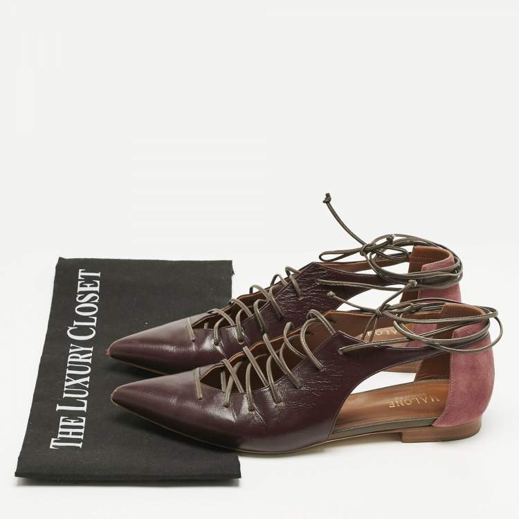 Pre Owned Malone Souliers Burgundy Leather and Suede Montana Lace Up Flat Size 37
