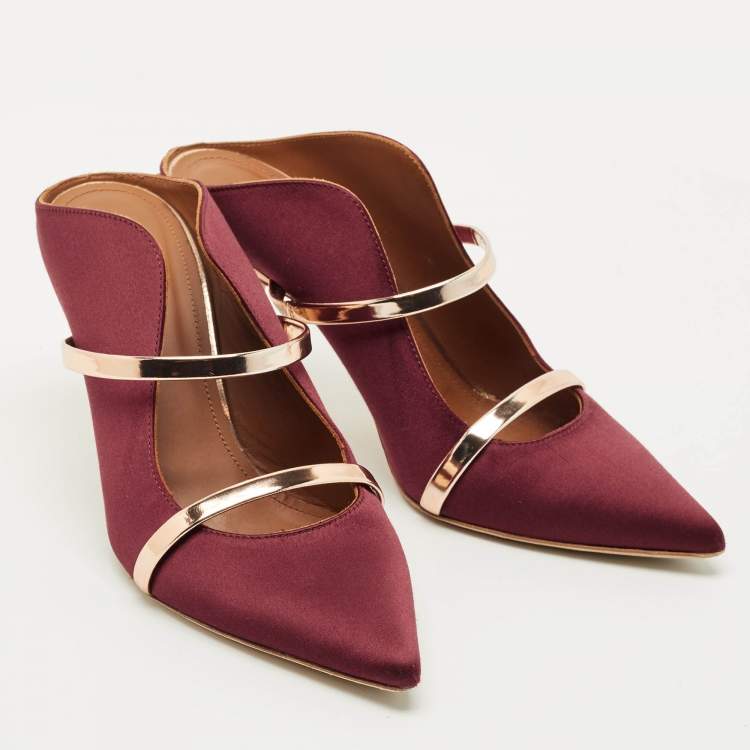 Pre Owned Malone Souliers Burgundy/Rose Gold Satin and Leather Maureen Pointed Toe Mules Size 38.5