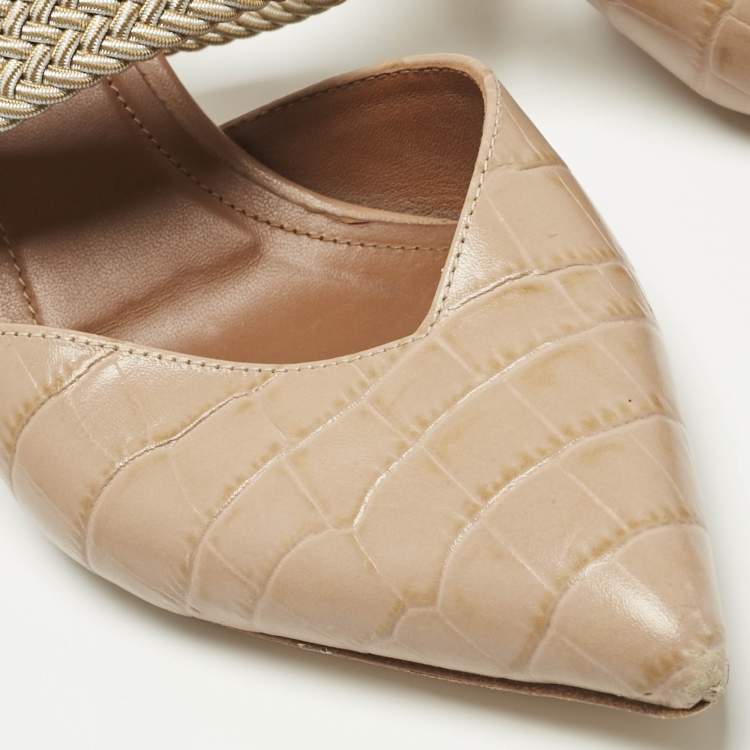 Pre Owned Malone Souliers Beige Croc Embossed Leather Maisie Mules Size 37.5