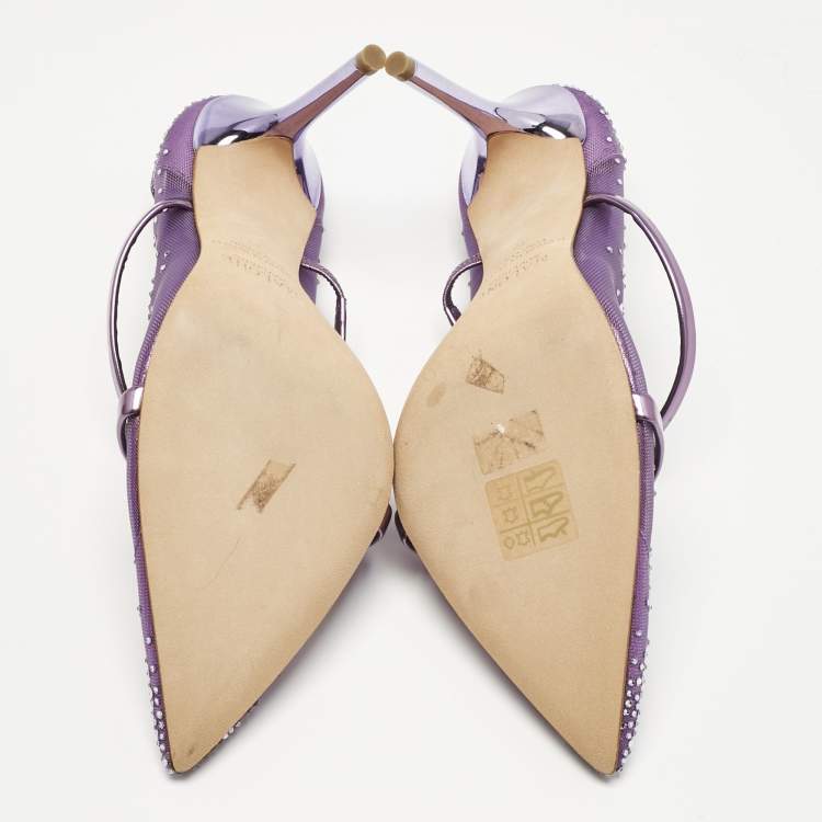 Pre Owned Malone Souliers Purple Leather and Mesh Crystals Embellished Maureen Mules Size 39