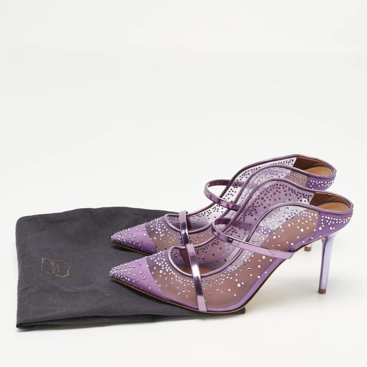 Pre Owned Malone Souliers Purple Leather and Mesh Crystals Embellished Maureen Mules Size 39