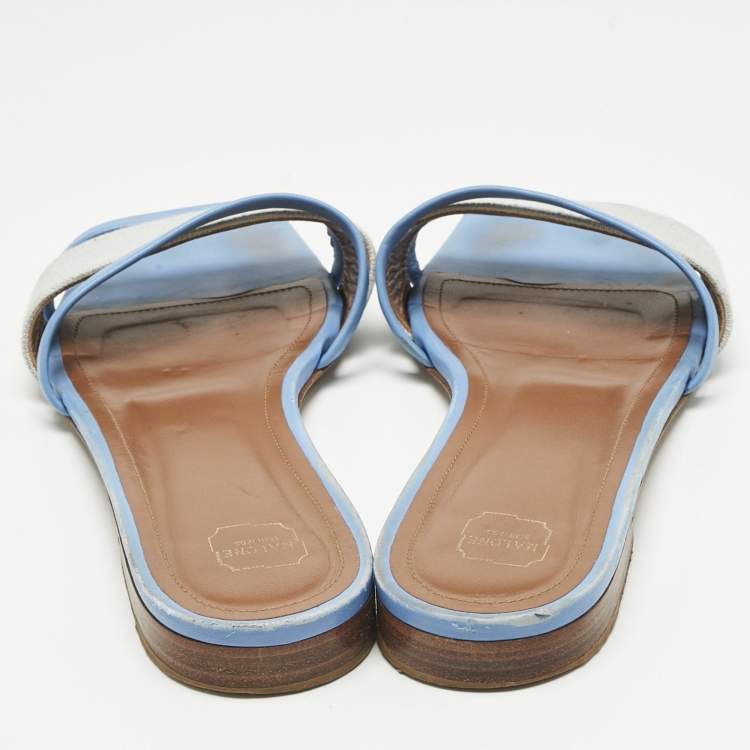 Pre Owned Malone Souliers Grey/Blue Leather And Fabric Flat Slides Size 38