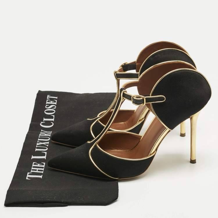 Pre Owned Malone Souliers Black/Gold Leather and Satin Imogen Slide Sandals Size 38