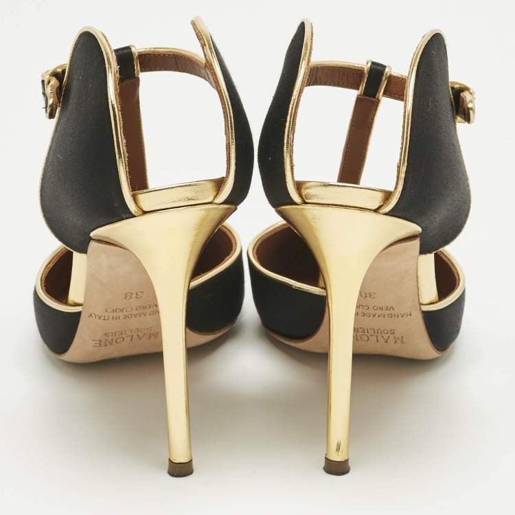 Pre Owned Malone Souliers Black/Gold Leather and Satin Imogen Slide Sandals Size 38