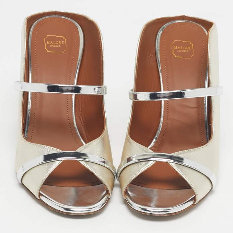 Pre Owned Malone Souliers Silver/Gold Leather Norah Slide Sandals Size 39