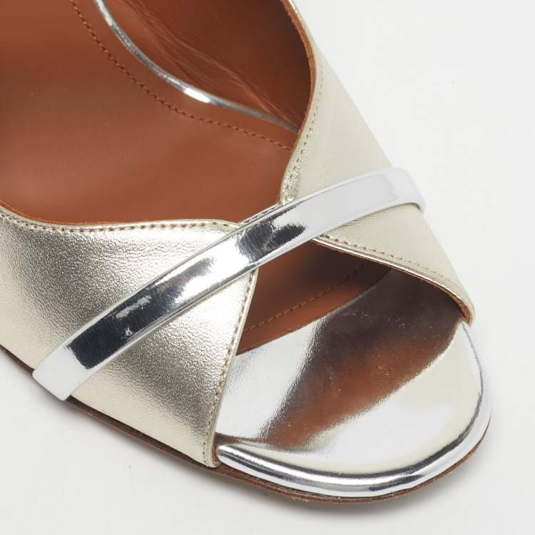Pre Owned Malone Souliers Silver/Gold Leather Norah Slide Sandals Size 39
