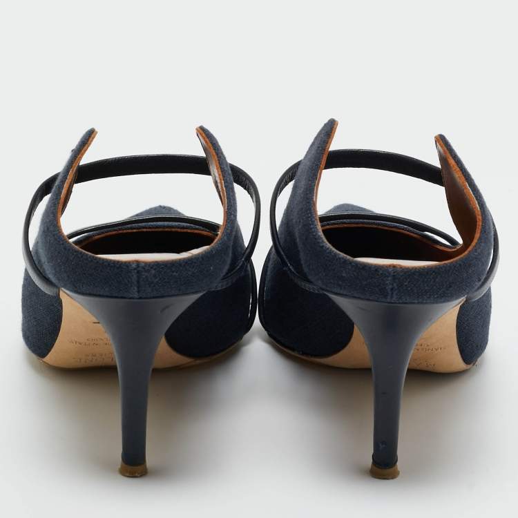 Pre Owned Malone Souliers Navy Blue Fabric and Leather Maureen Mules Size 40