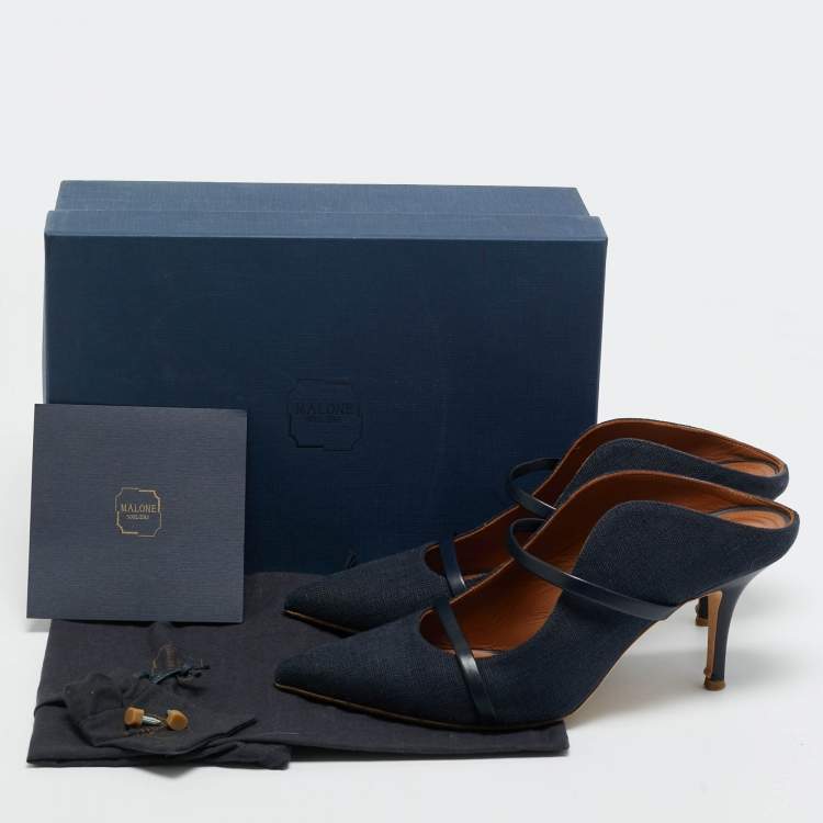 Pre Owned Malone Souliers Navy Blue Fabric and Leather Maureen Mules Size 40