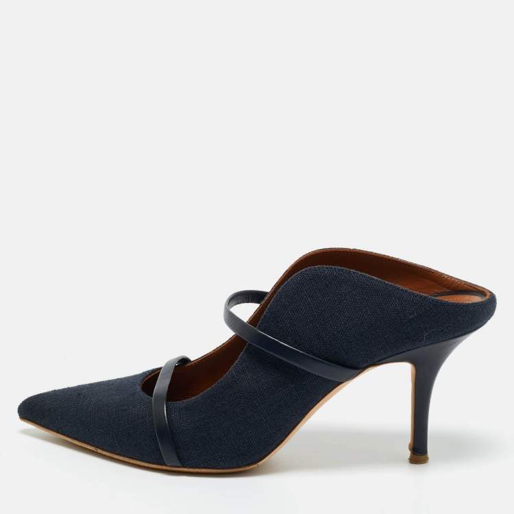 Pre Owned Malone Souliers Navy Blue Fabric and Leather Maureen Mules Size 40