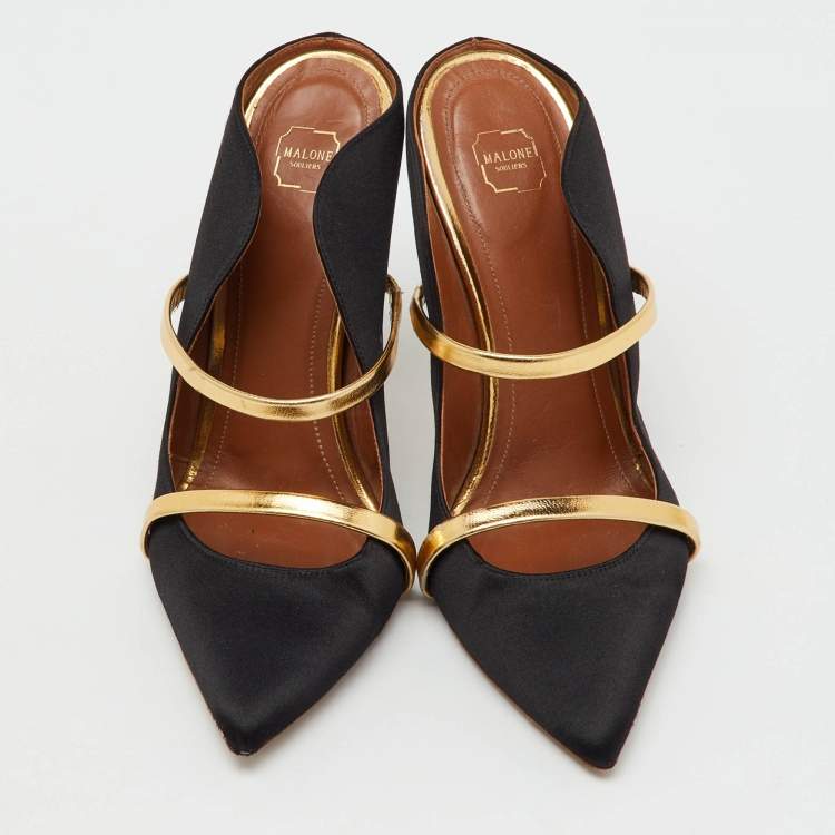 Pre Owned Malone Souliers Black/Gold Satin and Leather Maureen Mules Size 38