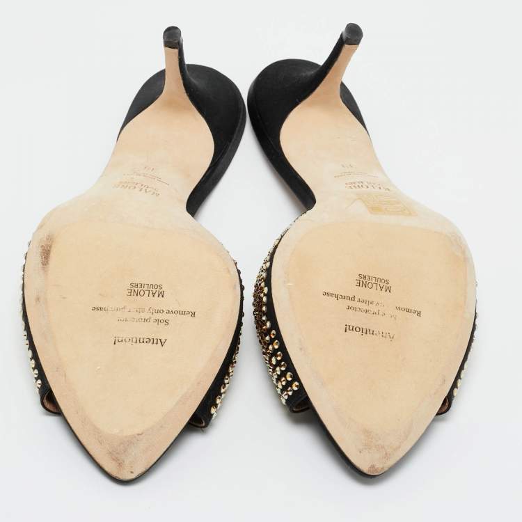 Pre Owned Malone Souliers Black Satin Crystal Embellished Grazia Sandals Size 39