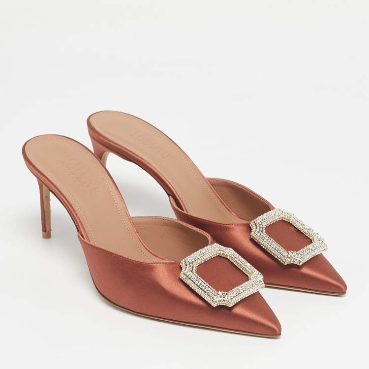 Pre Owned Malone Souliers Rose Gold Satin Mona 70 Crystal Embellished Mules Size 37