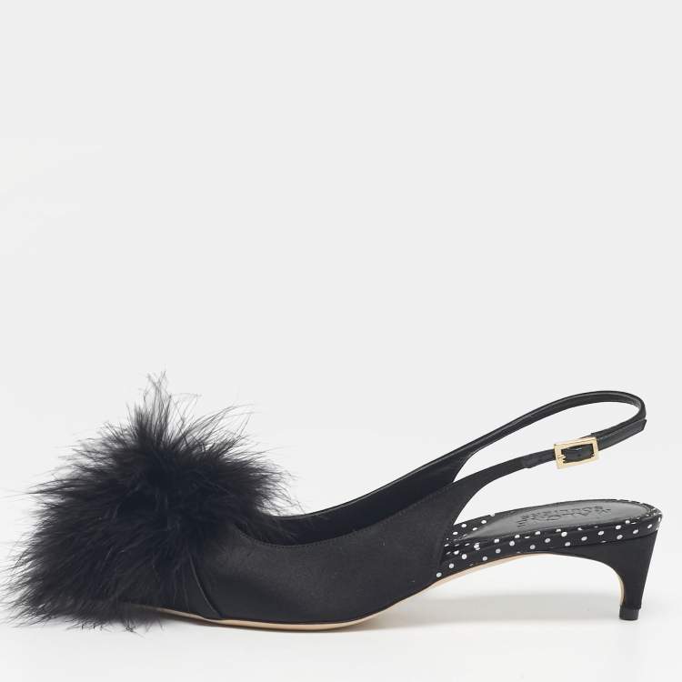 Pre Owned Malone Souliers Black Satin Pom Pom Fur Andrea Slingback Pumps Size 39