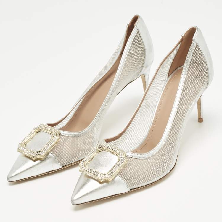Pre Owned Malone Souliers Silver Leather and Mesh Monroe Pumps Size 40