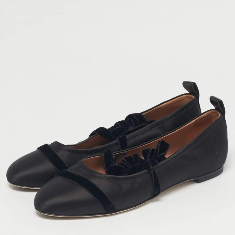 Pre Owned Malone Souliers Black Satin Spncer Ankle Wrap Ballet Flats Size 40