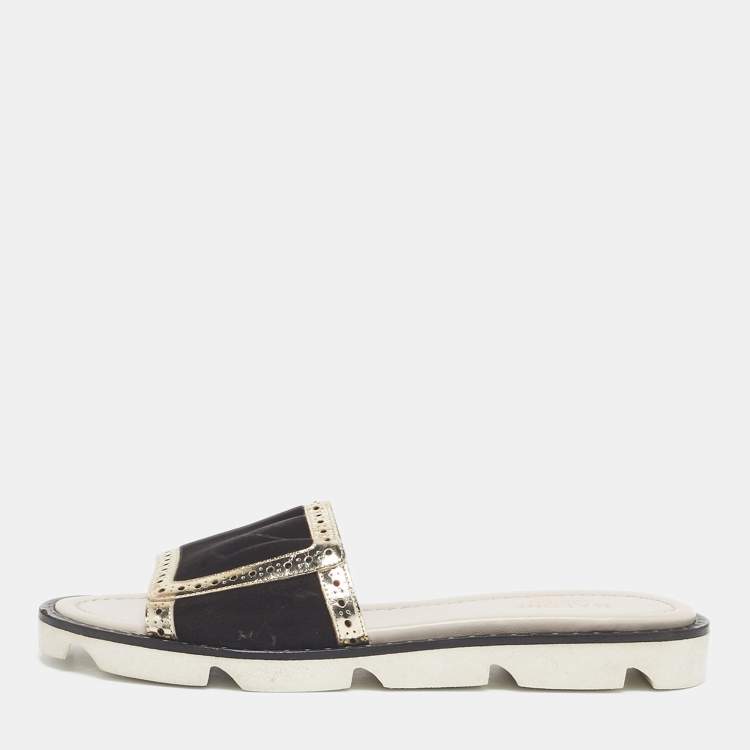 Pre Owned Malone Souliers Brown/Metallic Velvet and Foil Leather Flat Slides Size 36.5