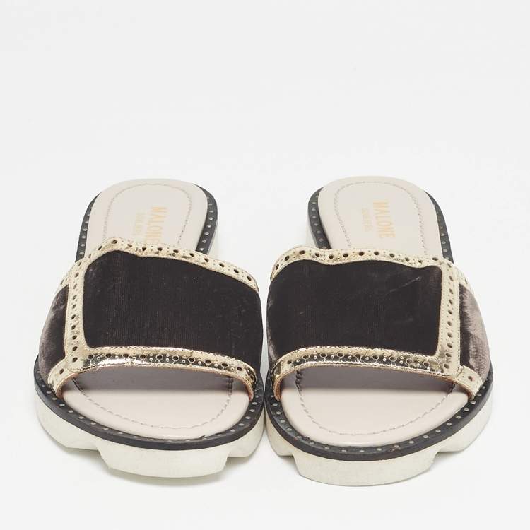 Pre Owned Malone Souliers Brown/Metallic Velvet and Foil Leather Flat Slides Size 36.5