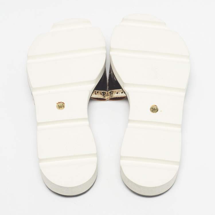 Pre Owned Malone Souliers Brown/Metallic Velvet and Foil Leather Flat Slides Size 36.5