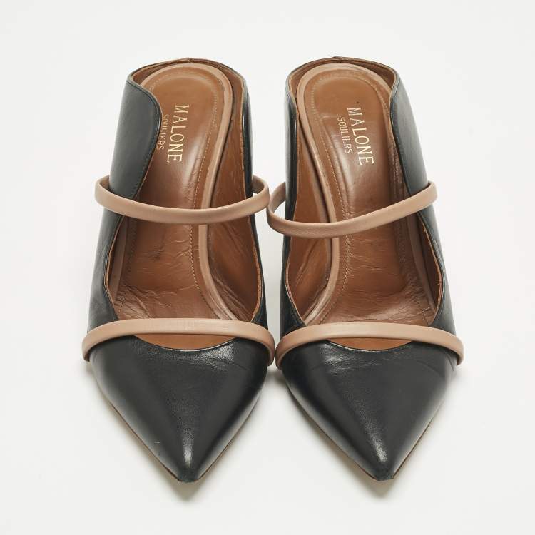Pre Owned Malone Souliers Black/Beige Leather Maureen Pointed Toe Mules Size 39
