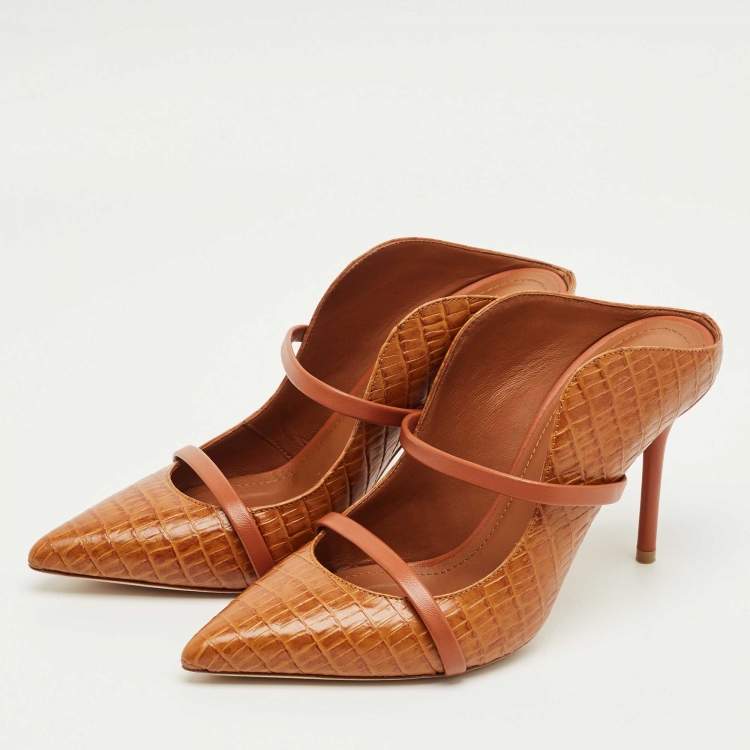 Pre Owned Malone Souliers Brown Croc Embossed Leather Maureen Mules Size 38
