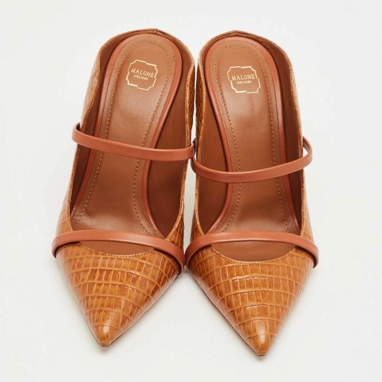 Pre Owned Malone Souliers Brown Croc Embossed Leather Maureen Mules Size 38