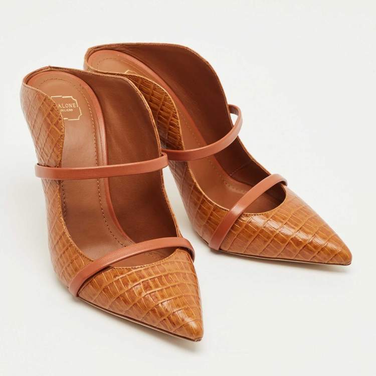 Pre Owned Malone Souliers Brown Croc Embossed Leather Maureen Mules Size 38