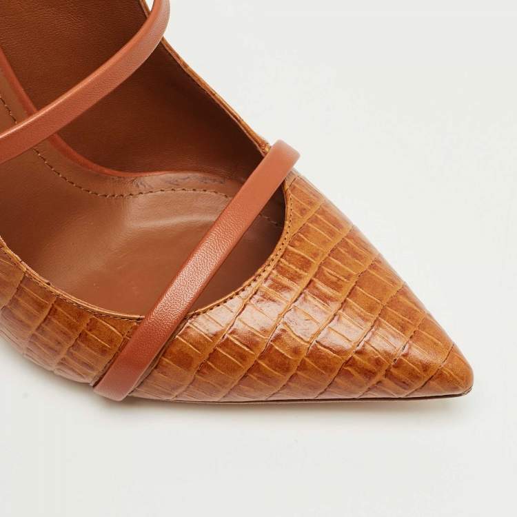 Pre Owned Malone Souliers Brown Croc Embossed Leather Maureen Mules Size 38