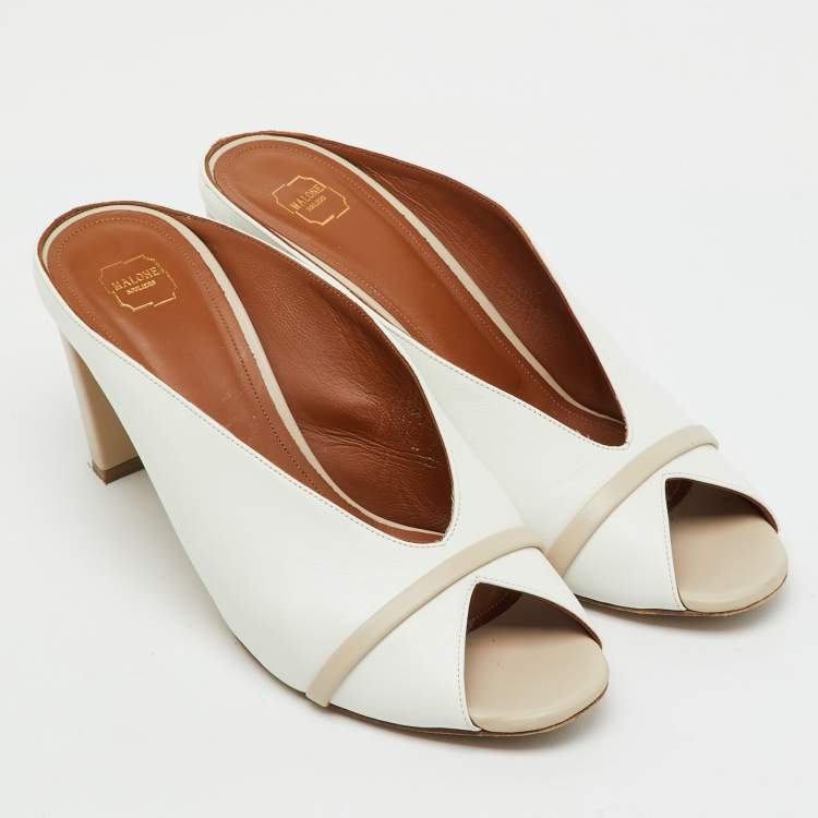 Pre Owned Malone Souliers White/Beige Leather Ciara Peep Toe Mules Size 40