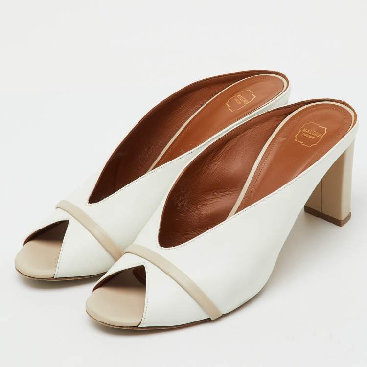 Pre Owned Malone Souliers White/Beige Leather Ciara Peep Toe Mules Size 40
