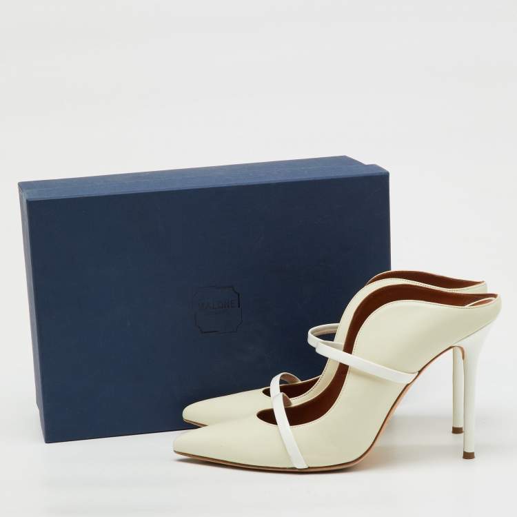 Pre Owned Malone Souliers Off White Leather and Patent Maureen Pointed Toe Mules Size 40.5