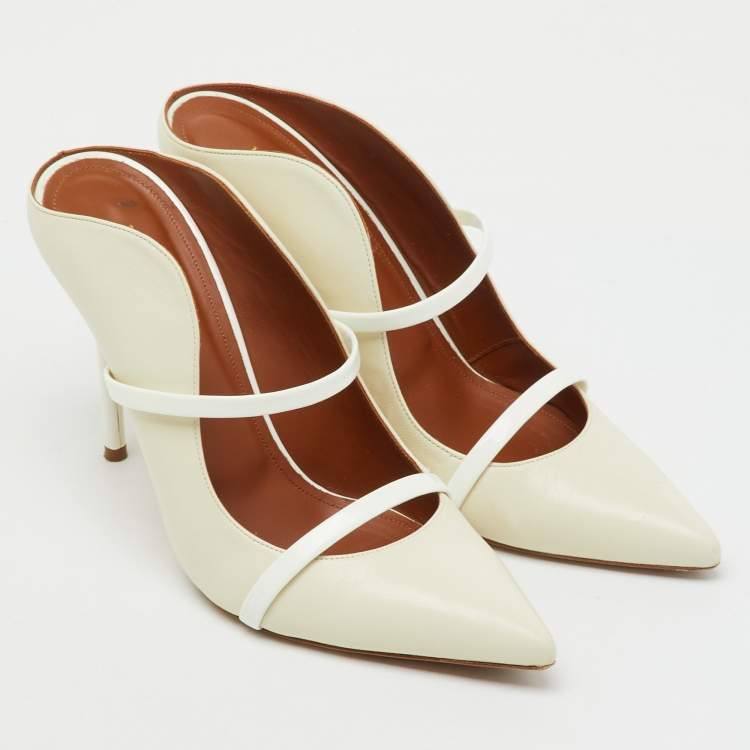 Pre Owned Malone Souliers Off White Leather and Patent Maureen Pointed Toe Mules Size 40.5