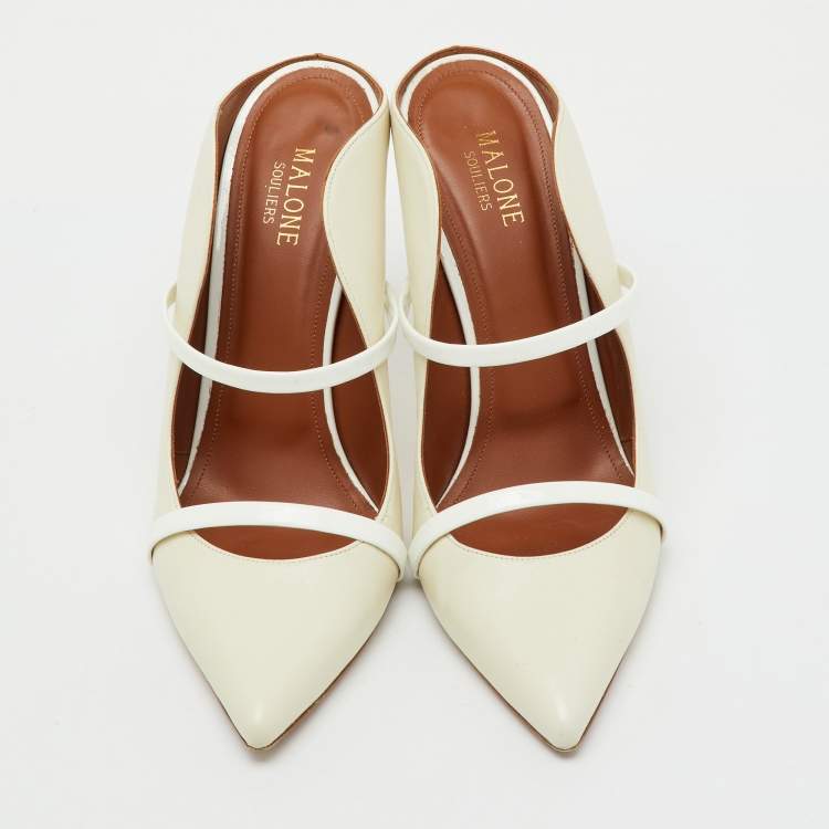 Pre Owned Malone Souliers Off White Leather and Patent Maureen Pointed Toe Mules Size 40.5