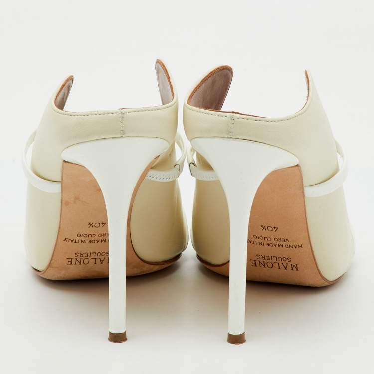 Pre Owned Malone Souliers Off White Leather and Patent Maureen Pointed Toe Mules Size 40.5