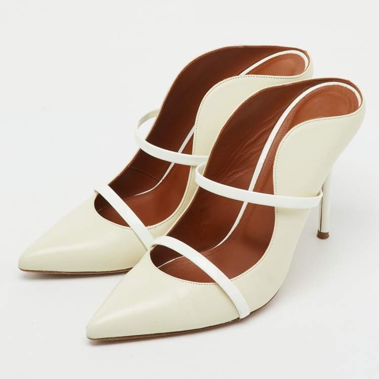 Pre Owned Malone Souliers Off White Leather and Patent Maureen Pointed Toe Mules Size 40.5