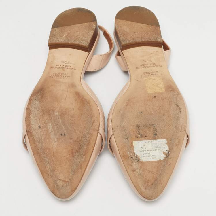 Pre Owned Malone Souliers x Roy Luwolt Beige Cro Embossed Leather Marion Luwolt Flat Slingback Sandals Size 39.5