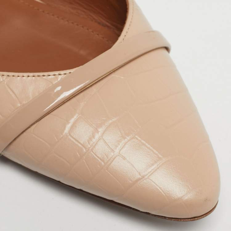 Pre Owned Malone Souliers x Roy Luwolt Beige Cro Embossed Leather Marion Luwolt Flat Slingback Sandals Size 39.5