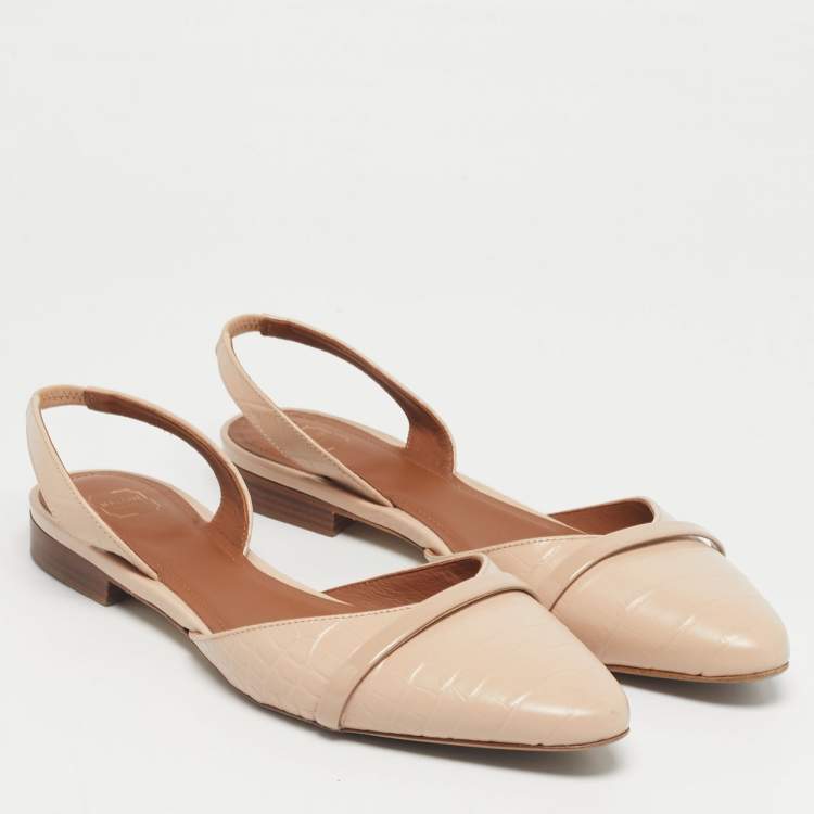 Pre Owned Malone Souliers x Roy Luwolt Beige Cro Embossed Leather Marion Luwolt Flat Slingback Sandals Size 39.5