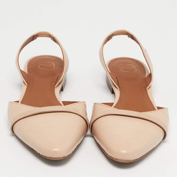 Pre Owned Malone Souliers x Roy Luwolt Beige Cro Embossed Leather Marion Luwolt Flat Slingback Sandals Size 39.5