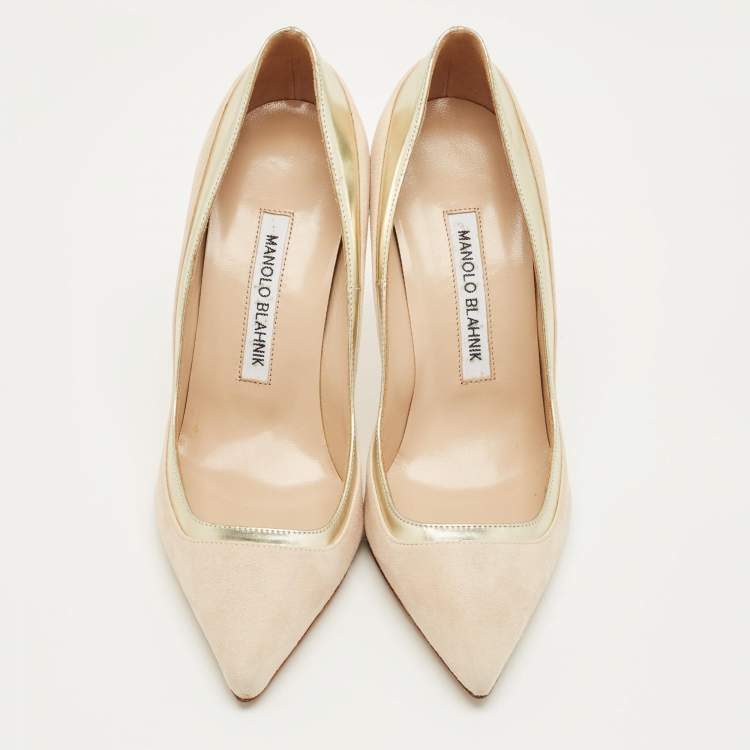 Pre Owned Malone Souliers Cream/Gold Patent Leather and Suede Pointed Toe Pumps Size 36
