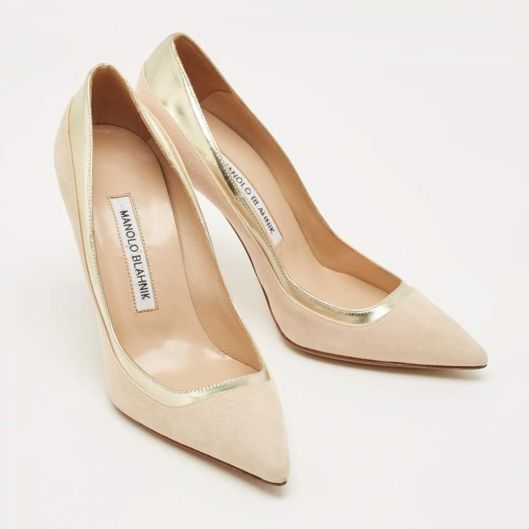 Pre Owned Malone Souliers Cream/Gold Patent Leather and Suede Pointed Toe Pumps Size 36